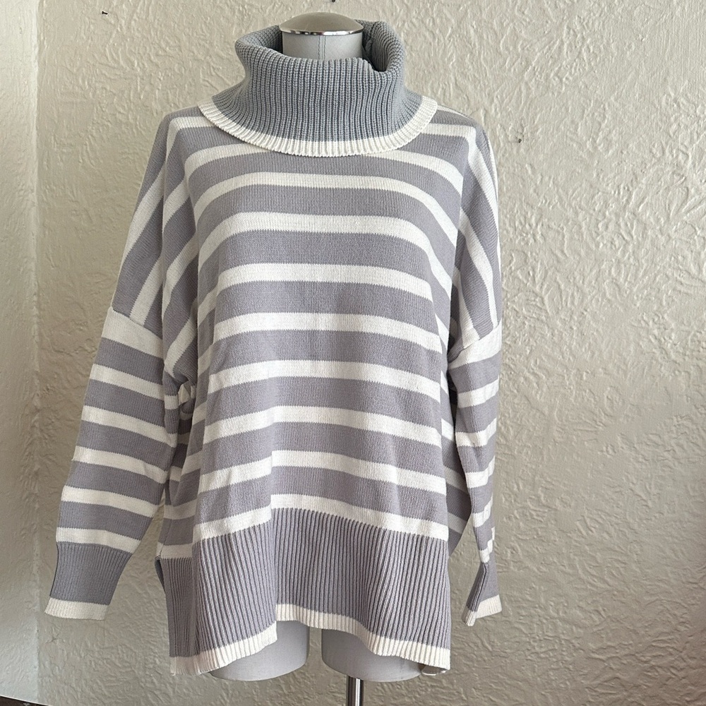 LOFT Gray Ivory White Striped Turtleneck Sweater NWT Large